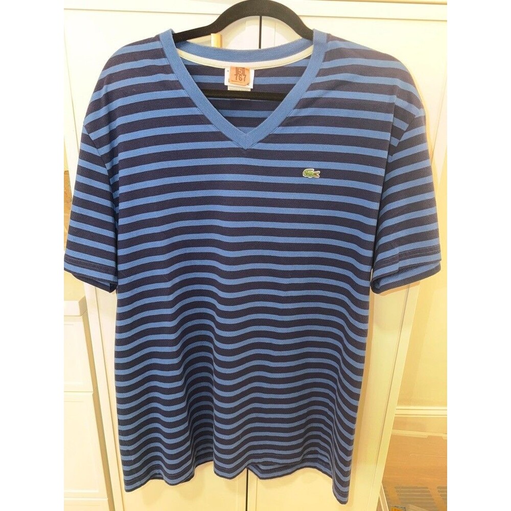 Men's Lacoste Navy and Royal Blue Striped V-Neck Shirt Size 8 XXL